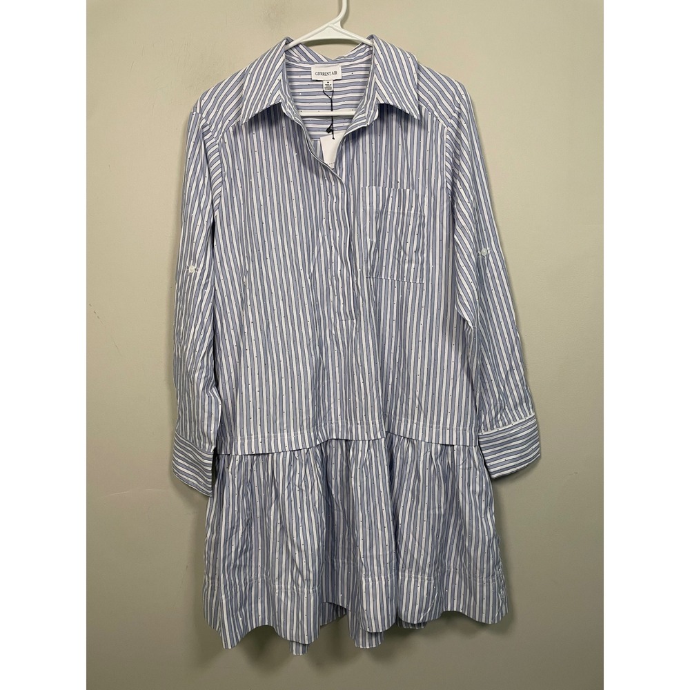 NWT Current Air Pinstripe Rhinestone Dress Blue and White Stripe Size Medium